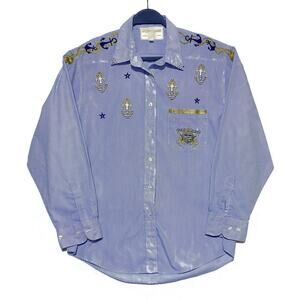 Fortune by Stan Embroidered Shirt Women's Sz Large Nautical Theme Blue Pinstripe